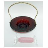 1072	VINTAGE BLOWN RUBY GLASS BRIDES BASKET & BLOWN GLASS CANDY WRAP, BASKET APPROXIMATELY 9 IN X 9 