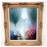1077	OIL PAINTING ON CANVAS, ABSTRACT TEXTURED FLORAL LANDSCAPE, SIGNED LOWER LEFT, APPROXIMATELY 27