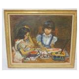 1091	OIL PAINTING ON CANVAS, IMAGE OF 2 YOUNG GIRLS SEATED AND PAINTING PICTURES, SIGNED LOWER RIGHT