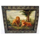 1115	VINTAGE MAITLAND SMITH FRAMED PAINTING ON BOARD OF LION AND CUB, APPROXIMATELY 21 1/2 IN X 17 1