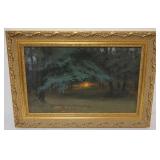 1121	OIL PAINTING ON BOARD, MAN WALKING IN FOREST AT SUNRISE/SUNSET, 