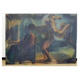 1124	LARGE SYMBOLIST OIL PAINTING ON CANVAS, APPROXIMATELY 110 IN X 78 IN H