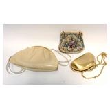 1130	RODO METAL EVENING BAG, WALBORG PETIT POINT TAPESTRY BAG AND SUSAN GAIL SNAKE SKIN BAG MADE IN 