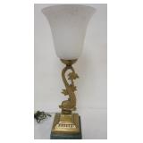 1133	BRASS DOLPHIN TABLE LAMP WITH MARBLE BASE, APPROXIMATELY 19 1/2IN H