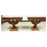 1143	PAIR OF MARBLE TOP CONSOLES WITH CARVED FALCONS AT BASE, EACH APPROXIMATELY 43 IN X 16 IN X 34 
