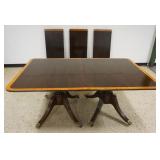1145	ANTIQUE BANDED MAHOGANY DOUBLE PEDESTAL TABLE WITH 3 LEAVES, TABLE APPROXIMATELY 71 IN X 44 IN 