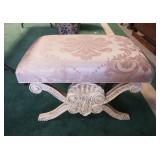1158	CONTINENTAL SHELL CARVED AND X STRETCHER UPHOLSTERED STOOL, APPROXIMATELY 32 IN X 21 IN X 20 IN