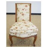 1160	WALNUT FINGER CARVED UPHOLSTERED BOUDIOR SLIPPER CHAIR WITH BRASS TACK ACCENTS, APPROXIMATELY 2