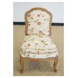 1161	CONTINENTAL WALNUT AND UPHOLSTERED BOUDIOR SLIPPER CHAIR, APPROXIMATELY 19 IN X 18 IN X 32 IN H