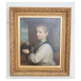 1184	OIL PAINTING ON CANVAS, IMAGE OF YOUNG BOY BY WINDOW ALONG A COASTAL WATER WAY, APPROXIMATELY 2