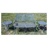 1187	ORNATE CAST METAL GARDEN BENCH WITH 2 CAST METAL SIDE TABLES, BENCH APPROXIMATELY 40 IN X 22 IN