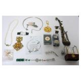 1082	ASSORTED JEWELRY LOT INCLUDING SEED PEARL NECKLACE, PINS, BLOOMINGDALES WATCH, CRYSTAL FLOWER, 