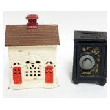 1116	CAST IRON HOUSE BANK AND CAST AND TIN SAFE BANK, TALLEST APPROXIMATELY 6 IN H
