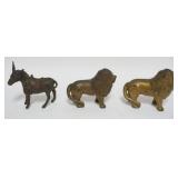 1119	CAST IRON FIGURAL BANKS, LIONS AND DONKEY, TALLEST APPROXIMATELY 4 1/2 IN H