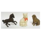 1121	CAST IRON FIGURAL BANKS, HORSE, DOG AND CAT, TALLEST APPROXIMATELY 4 1/2 IN H