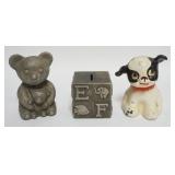 1128	CAST METAL BANKS INCLUDING TEDDY BEAR, CHILDS BLOCK AND PUPPY DOG, TALLEST APPROXIMATELY 5 1/4 