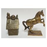 1129	CAST BRASS AND POT METAL BANKS, HORSE AND SNOOPY BANK, TALLEST APPROXIMATELY IN H