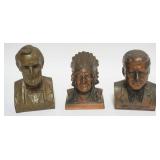 1130	BRONZE TONE CAST METAL BANKS, LINCOLN, JFK AND INDIAN CHIEF, TALLEST APPROXIMATELY 6 IN H