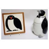 1001	MIDCENTURY MODERN PENGUIN COOKIE JAR & HOT PLATE, TALLEST PIECE APPROXIMATELY 11 IN HIGH