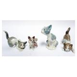 1004	LLADRO PORCELAIN FIGURES GROUP OF 4 FIGURES, 3 CATS, ONE DOG, LARGEST APPROXIMATELY 5 1/2 IN HI