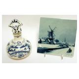 1012	DELFT 8 IN SQUARE TILE &  DELFT DECANTOR, RIM CHIP ON LIP OF SPOUT