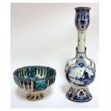 1023	DELFT FOOTED BOWL & 13 IN HIGH BUD VASE, VASE HAS REPAIRS ON TOP FLAIR