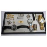 1161	GROUP OF ASSORTED TIE CLIPS, MONEY CLIPS, ACTIVA WRIST WATCHES, POCKET KNIVES, ETC