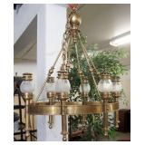 1180	OVAL BRASS 6 LIGHT HANGING LIGHT FIXTURE WITH FROSTED GLASS SHADES, APPROXIMATELY 26 IN X 15 IN