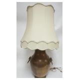 1182	LARGE BRASS URN SHAPED TABLE LAMP WITH FOO DOG APPLIED DECORATIONS, APPROXIMATELY 39 IN H