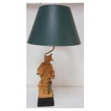 1189	TERRACOTTA ASIAN TABLE LAMP WITH FIGURE OF WOMAN HOLDING BIRD CAGE AND METAL UMBRELLA, APPROXIM
