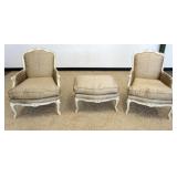 1198	FRENCH PROVENCIAL UPHOLSTERED ARM CHAIRS WITH STOOL, EACH CHAIR APPROXIMATELY 28 IN X 25 IN X 3