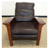 1201	LAZYBOY OAK MISSION ARTS AND CRAFTS STYE RECLINER, SOME WEAR TO LEATHER, APPROXIMATELY 35 IN X 