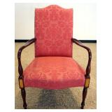 1208	UHOLSTERED HICKORY ARM CHAIR WITH FLORAL URN DESIGN ON UPHOLSTRY AND BIRDSEYE MAPLE INLAY