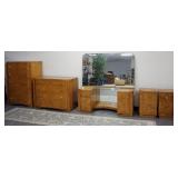 1218	ART DECO BURLWOOD 5 PIECE BEDROOM SET WITH HIGH/LOW CHEST, VANITY AND 2 BEDSIDE STANDS, TALL CH