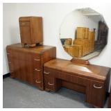 1219	ART DECO 3 PIECE BEDROOM SET WITH HIGH CHEST, VANITY AND 1 DRAWER 1 DOOR BEDSIDE STAND, SOME LO