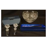 1014	WATERFORD CRYSTAL BOWL, WINE STOPPER AND KNIFE, LARGEST PIECE APPROXIMATELY 8 IN X 6 IN H