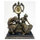 1028	CONTEMPORARY BRONZE MANTLE CLOCK ON MARBLE BASE, IMAGE OF MAN & WOMAN COURTING, APPROXIMATELY 1