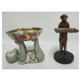 1031	MONKEY PORCELAIN SMALL COMPOTE AND METAL CALLING/BUSINESS CARD HOLDER, TALLEST PIECE APPROXIMAT