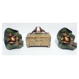 1032	COMPOSITE FROG ON LILLY PAD BOOKENDS AND TRINKET BOX WITH BIRDS PERCHED AT TOP OF BOX, APPROXIM