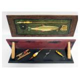 1036	DECORATIVE FISHING WALL PLAQUE AND SHELF WITH LOSSES, LARGEST PIECE APPROXIMATELY 29 IN X 10 IN