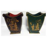 1047	PAIR OF DECORATIVE WOOD BASKETS WITH ASIAN IMAGES ALL AROUND, EACH APPROXIMATELY 10 IN X 7 IN X
