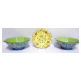 1060	GROUP OF ENAMELED CLOISONNE BOWLS AND PLATE, LARGEST APPROXIMATELY 9 1/2 IN X 4 IN H