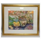 1082	MIXED MEDIA ON SILK *INTERIOR WITH LEMONS AND JAPANESE VASE* BY KATHERINE STEIGER, APPROXIMATEL