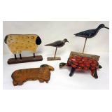 1114	GROUP OF ASSORTED WOOD ITEMS INCLUDING TURTLE STOOL, SHORE BIRDS, CUTTING BOARD, ETC., LARGEST 