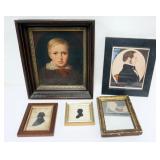 1115	GROUP OF ASSORTED FRAMED ITEMS INCLUDING SILHOUETTES, MIRROR AND PRINT, LARGEST APPROXIMATELY 1