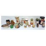 1123	GROUP OF MINIATURE TOBYS, SOME WITH DAMAGE AND COVERED PORCELAIN BOX, TALLEST APPROXIMATELY 6 I
