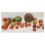 1124	GROUP OF METAL AND WOOD APPLES, SOME WITH MINIATURE INSIDE, PAPER MACHE FRUIT AND DRUM. SOME AP