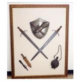 1134	LARGE FRAMED ASSORTMENT OF MEDIEVAL STYLE ARMAMENTS, FRAME SIZE APPROXIMATELY 34 IN X 69 IN