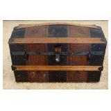 1140	ANTIQUE WOOD AND LEATHER DOME TOP TRUNK, APPROXIMATELY 30 IN X 17 IN X 18 IN H