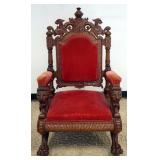 1148	OUTSTANDING MASSIVE OAK CARVED GOTHIC MEDIEVAL THRONE CHAIR WITH CARVED WING GRIFFINS, LIONS HE